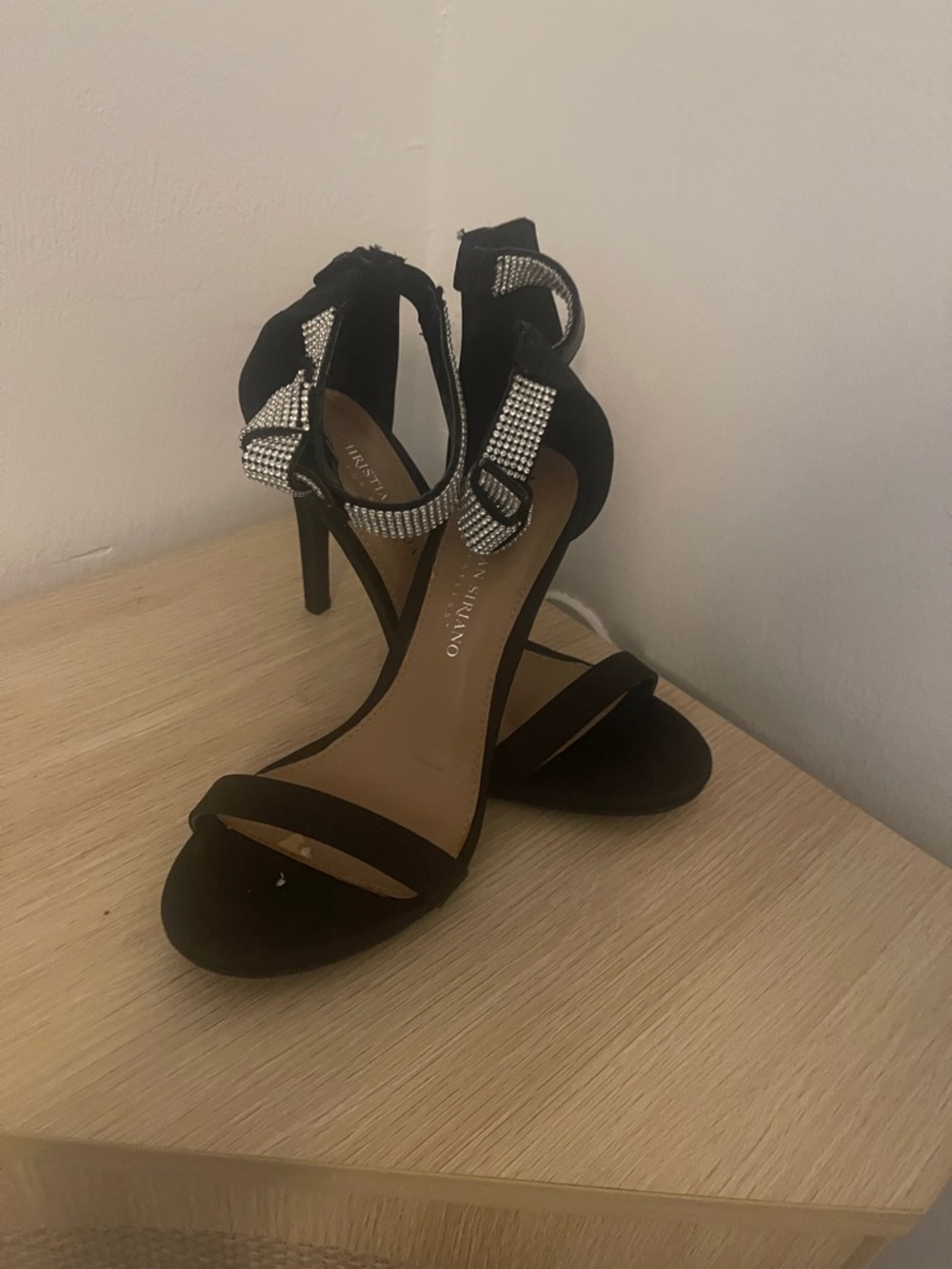 Christian Siriano Black Rhinestone Ankle-Strap Stiletto Heels